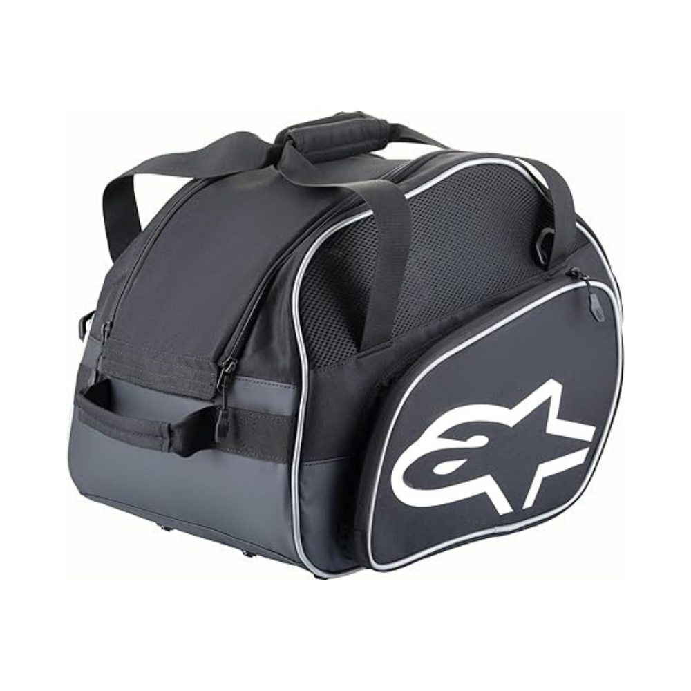 MOCHILA PARA CASCO NEGRA DETALLES EN BLANCO