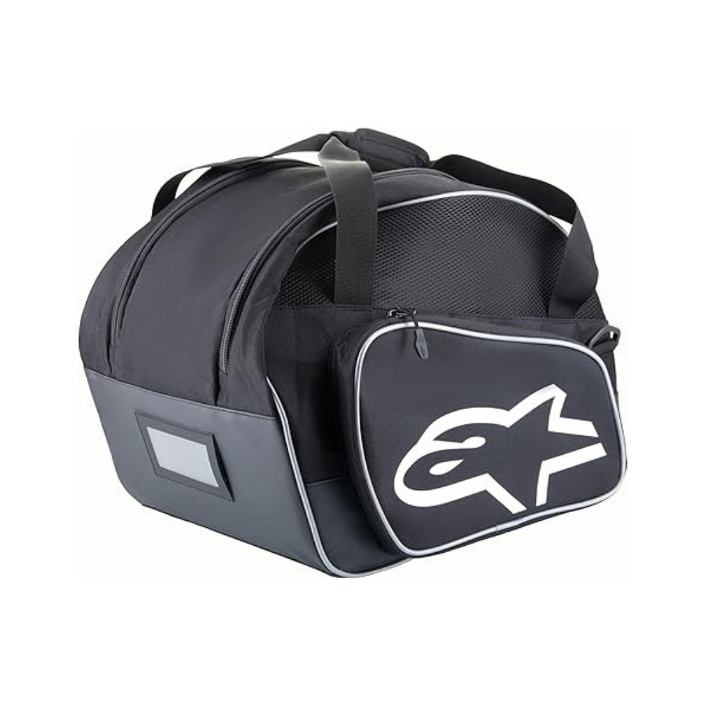MOCHILA PARA CASCO NEGRA DETALLES EN BLANCO